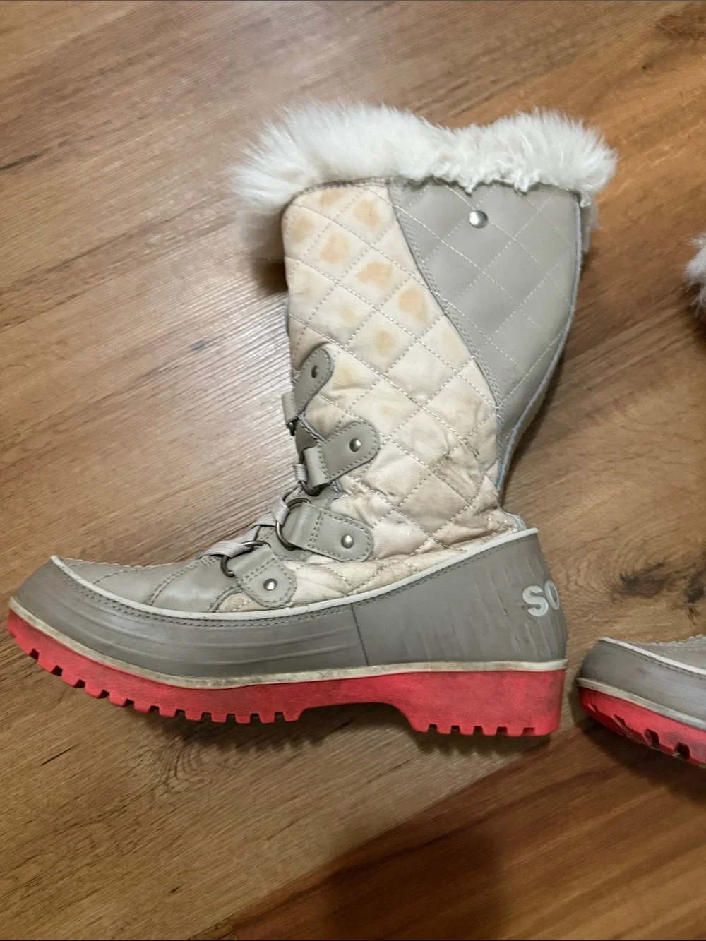 Sorel Lace-Up Winter Boot with Faux Fur Collar in Cream and Coral